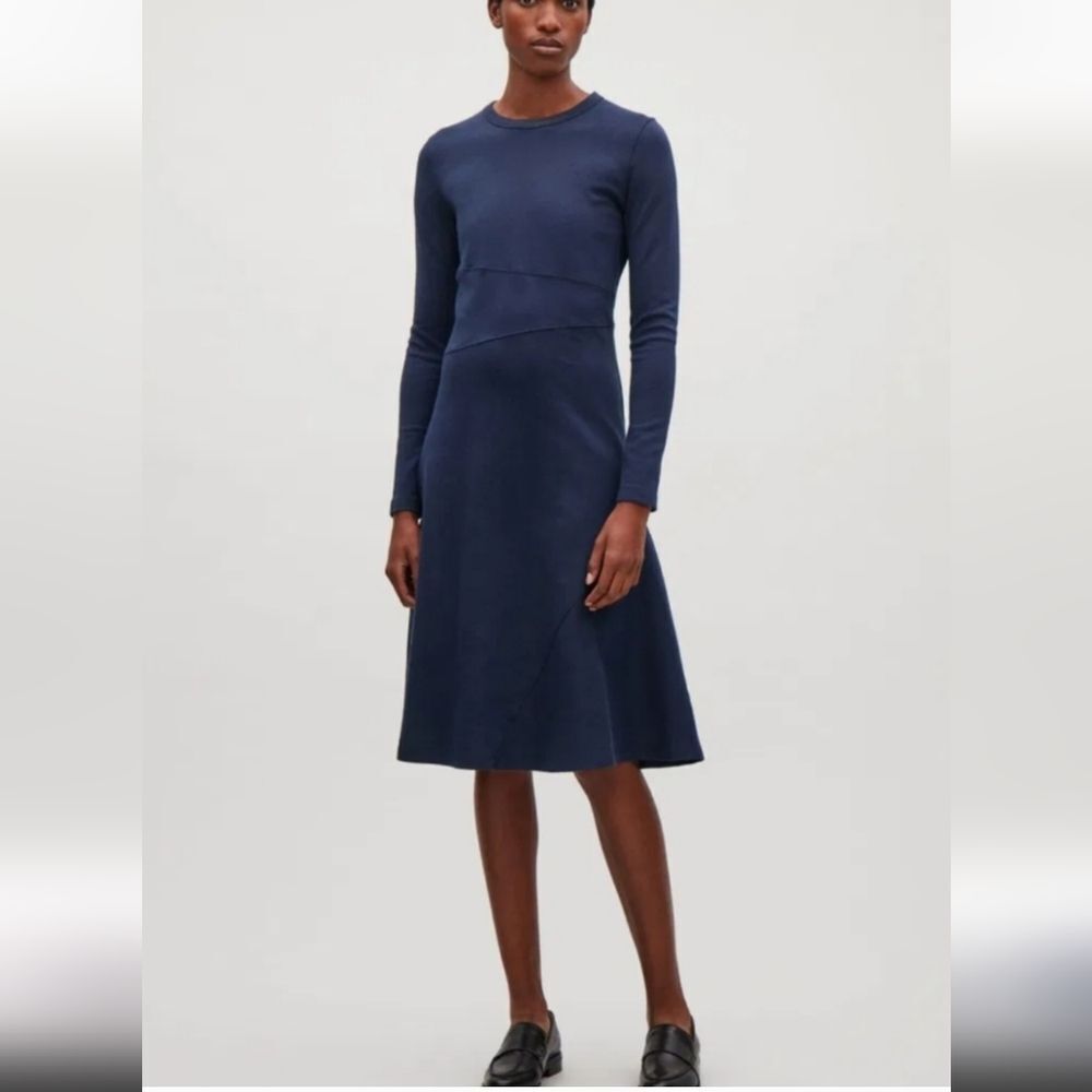 COS Dark Navy Fit And Flare Perfect Long Sleeve Midi Dress S